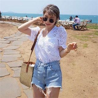 V-neck Eyelet-lace Blouse