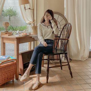 Open-placket Contrast-trim Knit Top Beige - One Size