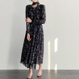 Round-neck Floral Print Long Dress With Sash