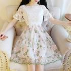 Short-sleeve Embroidered Mesh Panel Mini A-line Dress