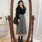 Polo-neck Sweater / Plaid Midi A-line Skirt / Set