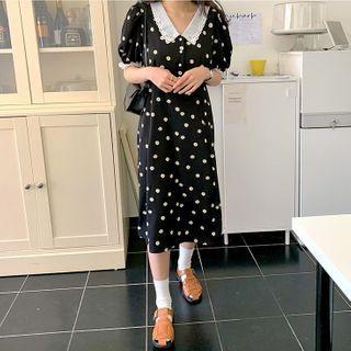 Contrast Collar Floral Short-sleeve Midi A-line Dress