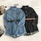 Plain Single-breasted Roll-up Jump Denim Shorts With Belt