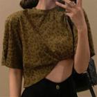 Leopard Print Short-sleeve Cropped Top As Shown In Figure - One Size