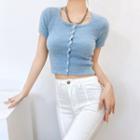 Short-sleeve Button-up Fluffy Knit Top