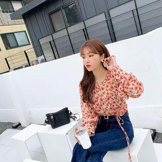 Bishop-sleeve Drawstring Floral Blouse