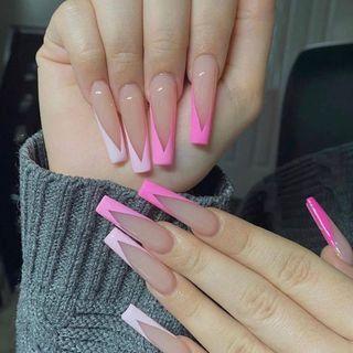 Pink V Shape Art False Nail W018 - One Size