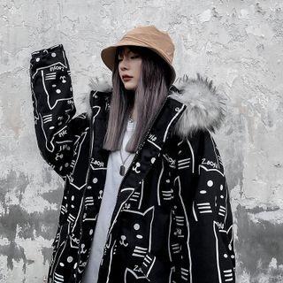 Cat Print Zipped Parka