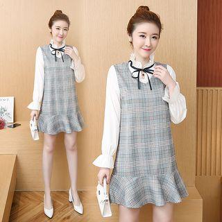 Mock Two Piece Plaid Panel Long Sleeve Shirt Dress