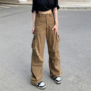 High Waist Plain Cargo Straight Leg Pants