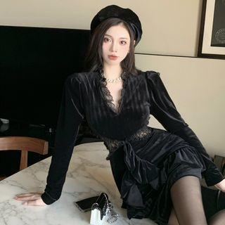 Long-sleeve V-neck Lace Velvet Slim-fit Dress
