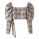 Puff-sleeve Cropped Plaid Blouse
