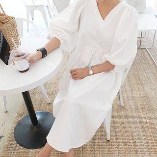 Balloon-sleeve Long Empire Dress Ivory - One Size