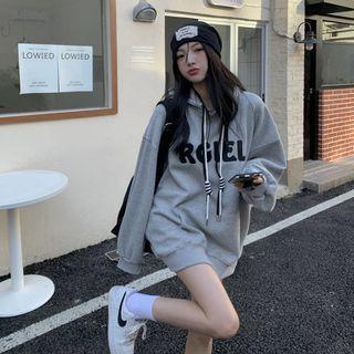 Lettering Drawstring Long Sweatshirt Gray - One Size