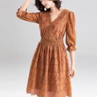 Elbow-sleeve Perforated A-line Dress