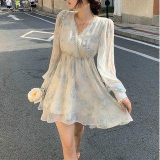 Floral V-neck Chiffon Mini Dress