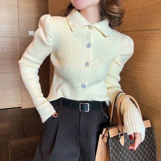Puff-sleeve Ribbed Collared Cardigan
