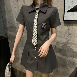Embroidered Short-sleeve Mini Collared A-line Dress