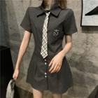 Embroidered Short-sleeve Mini Collared A-line Dress