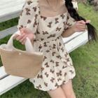 Bow Printed Square-neck Puff-sleeve Dress
