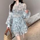 Long-sleeve Print See-through Blouse / High-waist Skirt