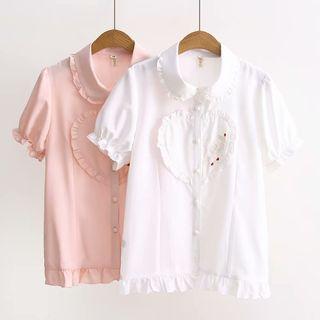 Short-sleeve Embroidered Frill Trim Blouse