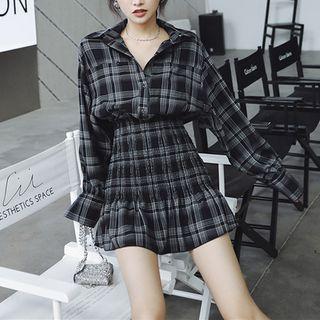Long-sleeve Plaid Shirred Mini A-line Shirtdress
