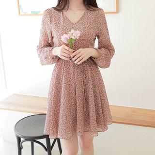 V-neck Flared Floral Chiffon Dress With Sash Pink - One Size