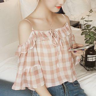 Gingham Cold Shoulder Elbow-sleeve Chiffon Blouse