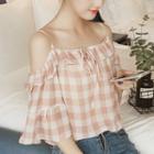 Gingham Cold Shoulder Elbow-sleeve Chiffon Blouse