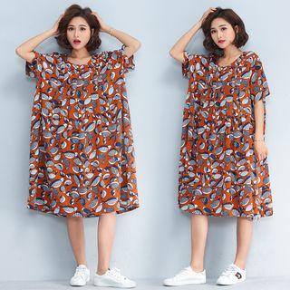 Printed Elbow-sleeve Midi Shift Dress As Shown In Figure - One Size