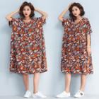 Printed Elbow-sleeve Midi Shift Dress As Shown In Figure - One Size