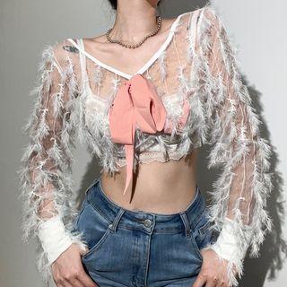 Long-sleeve Fringed Mesh Crop Top