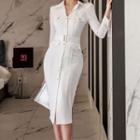 Long-sleeve Buckled Midi Sheath Shirt Dress