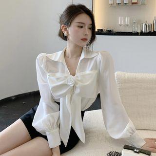 Long-sleeve Floral Bow Blouse