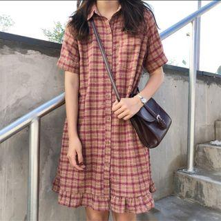 Plaid Short-sleeve Mini A-line Shirtdress