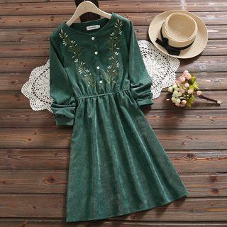 Long-sleeve Embroidered Corduroy Midi A-line Dress