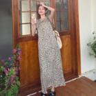 Sleeveless Shoulder Padded Top / Spaghetti Strap Leopard Print Midi Shift Dress