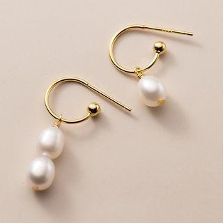 Faux Pearl Asymmetrical Sterling Silver Dangle Earring 1 Pair - S925 Silver - Gold & White - One Size