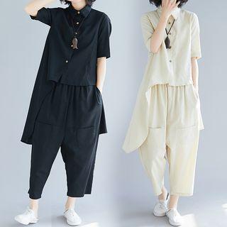 Set: Elbow-sleeve Shirt + Crop Harem Pants