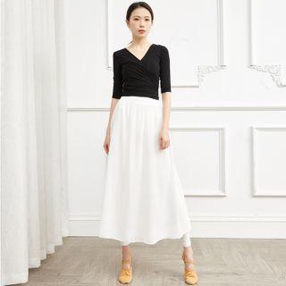 V-neck Elbow-sleeve Shirred Top / Inset Skirt Leggings / Set