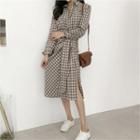 Tie-front Plaid Long Shirtdress