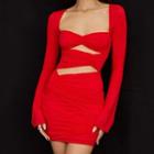 Long-sleeve Square-neck Shirred Cutout Bodycon Dress