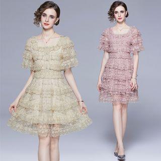 Short-sleeve Lace Tiered A-line Dress