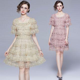 Short-sleeve Lace Tiered A-line Dress