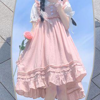 Puff-sleeve Lace Trim Blouse / Frill Trim A-line Overall Dress