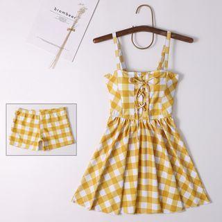 Swim Set: Spaghetti Strap Plaid Swim Dress + Bottom