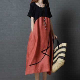 Paneled Short-sleeve Midi Dress