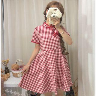 Frog-button Stand-collar Short-sleeve A-line Dress