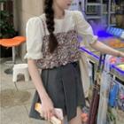 Puff-sleeve Blouse / Flower Print Camisole Top / Asymmetrical Mini Skirt